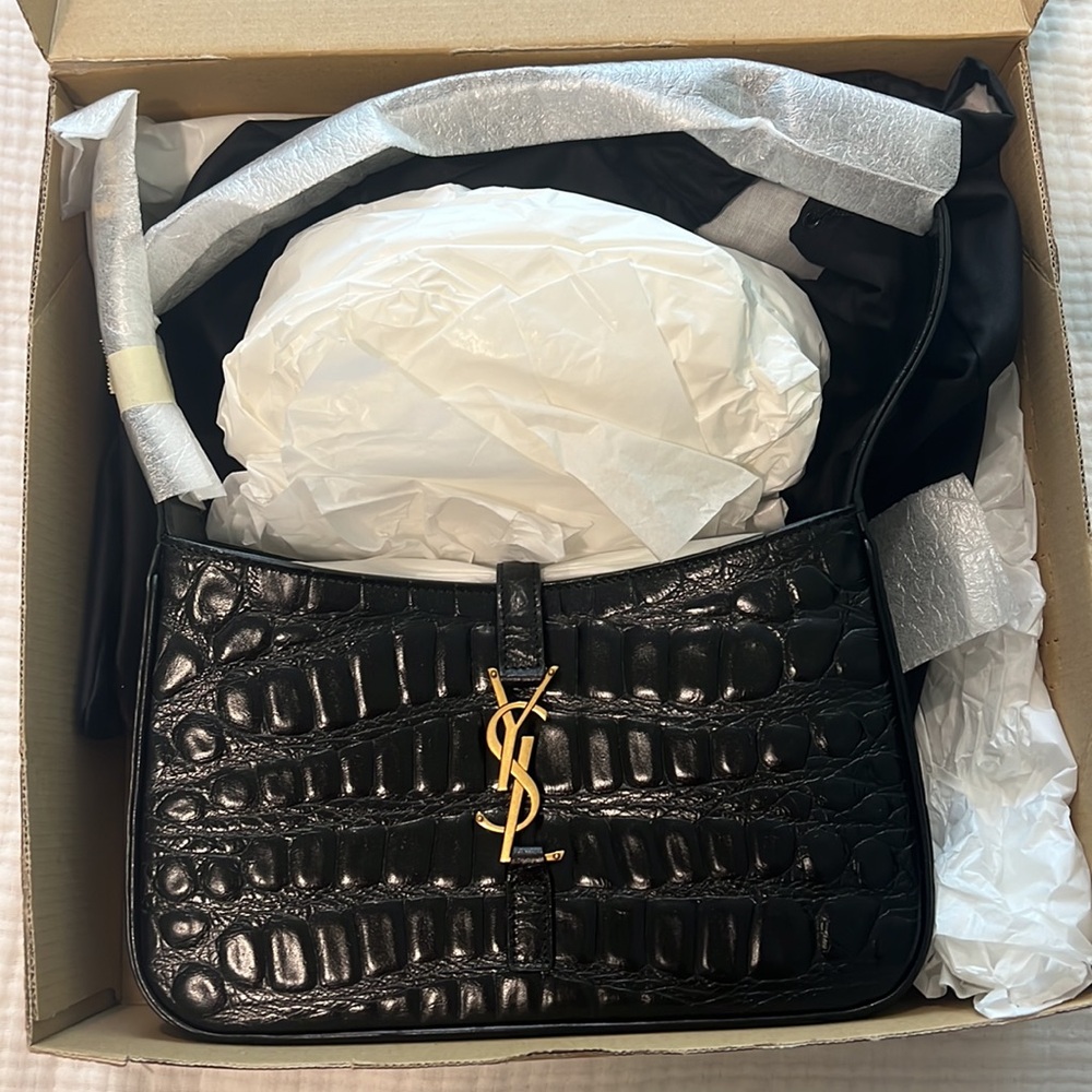 Saint Laurent Black Croc-Embossed Hobo Bag